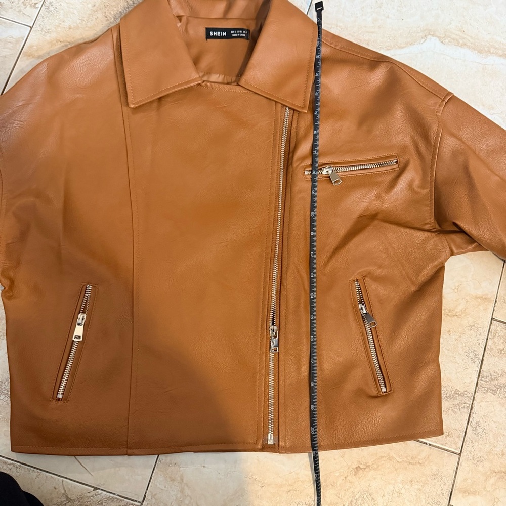 🎉 SOLD - SHEIN Brown/Tan Faux Leather Moto Jacket – Size S - Picture 7 of 9
